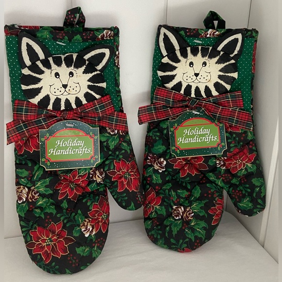 90s Christmas Cat Mitt potholder placemat SET quilted Holiday LOT Vintage Franco - Picture 4 of 16